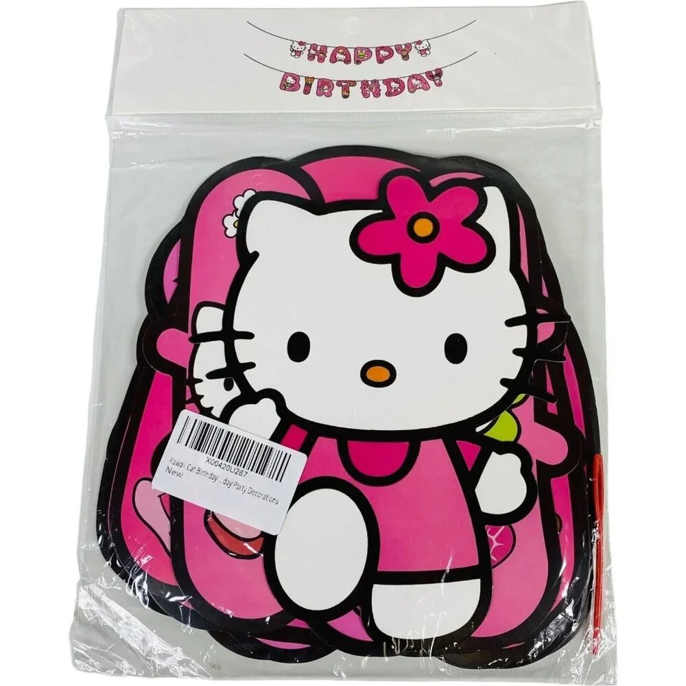 Kawaii Cat Happy Birthday Banner w/Pink String 7.5